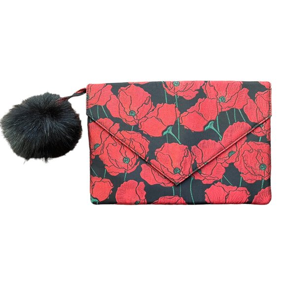 NWT Anthropologie Monserrat De Lucca Black & Red Floral Poppy Clutch w/ Pom Pom - Picture 2 of 8